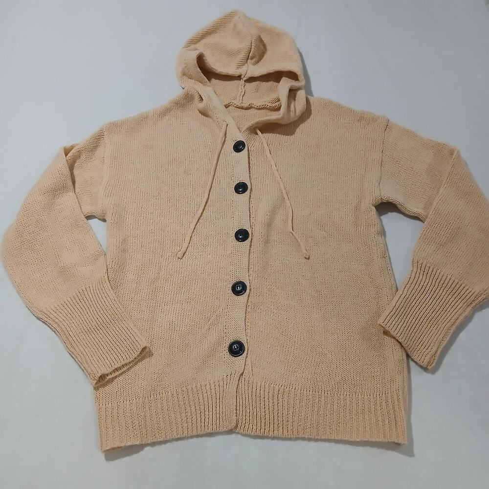 Knit Hooded Cardigan Sweater Womens Small Beige Button Front Drawstring Hoodie